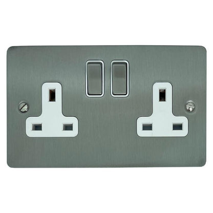 Flat Brushed Steel Double Socket (White Insert/Satin Chrome Switches) - G+H FSS210
