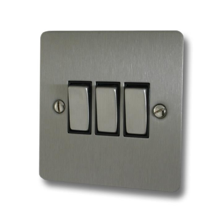 Flat Brushed Steel Light Switch (3 Gang/White Insert/Satin Chrome Switches) - G+H FSS203
