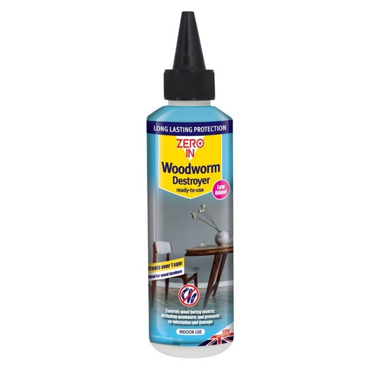 Zero In Woodworm Destroyer 250ml - Effective Treatment Protects Wood & Furniture