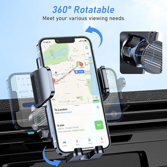 Car Phone Holder, Air Vent Car Phone Mount Cradle for Car 360° Rotation [Upgraded Ultra Stable Hook Clip]