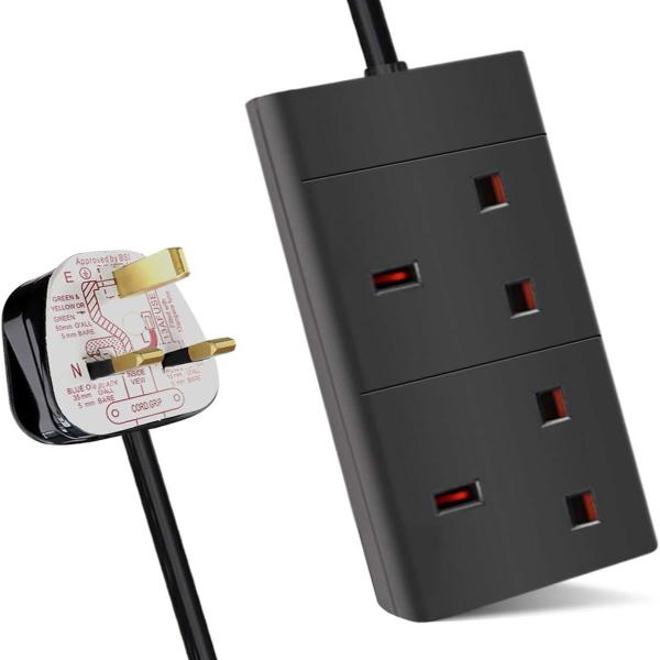 ExtraStar 2 Way Extension Lead, 13A Fused UK Plug Adapter, 2 Metre Extension Cable Power Strip - Black