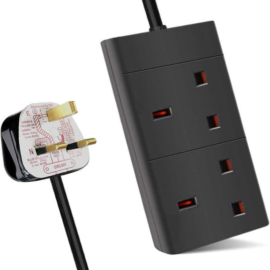 ExtraStar 2 Way Extension Lead, 13A Fused UK Plug Adapter, 2 Metre Extension Cable Power Strip - Black